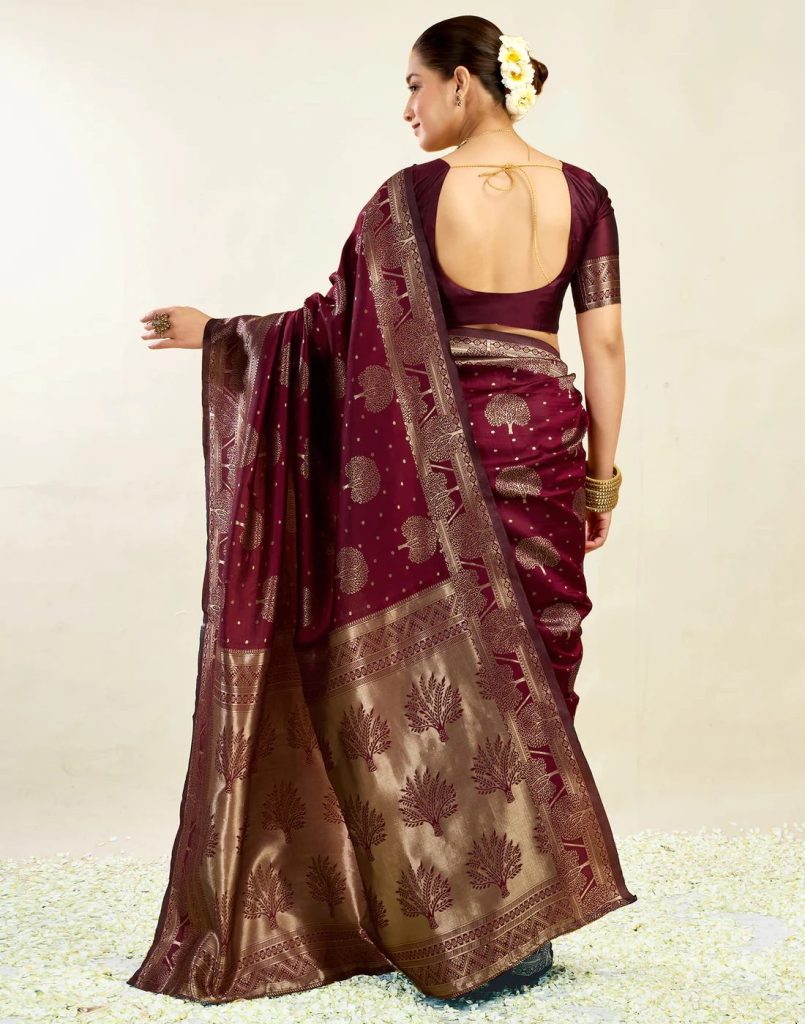 AXONIT Women's Silk Blend Banarasi Jacquard Zari Motifs Design Saree with Unstitched Blouse Piece
