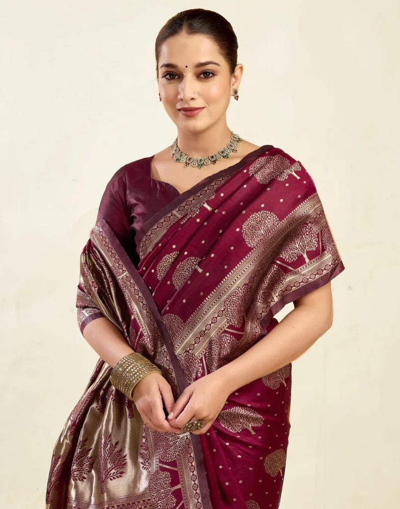 AXONIT Women's Silk Blend Banarasi Jacquard Zari Motifs Design Saree with Unstitched Blouse Piece