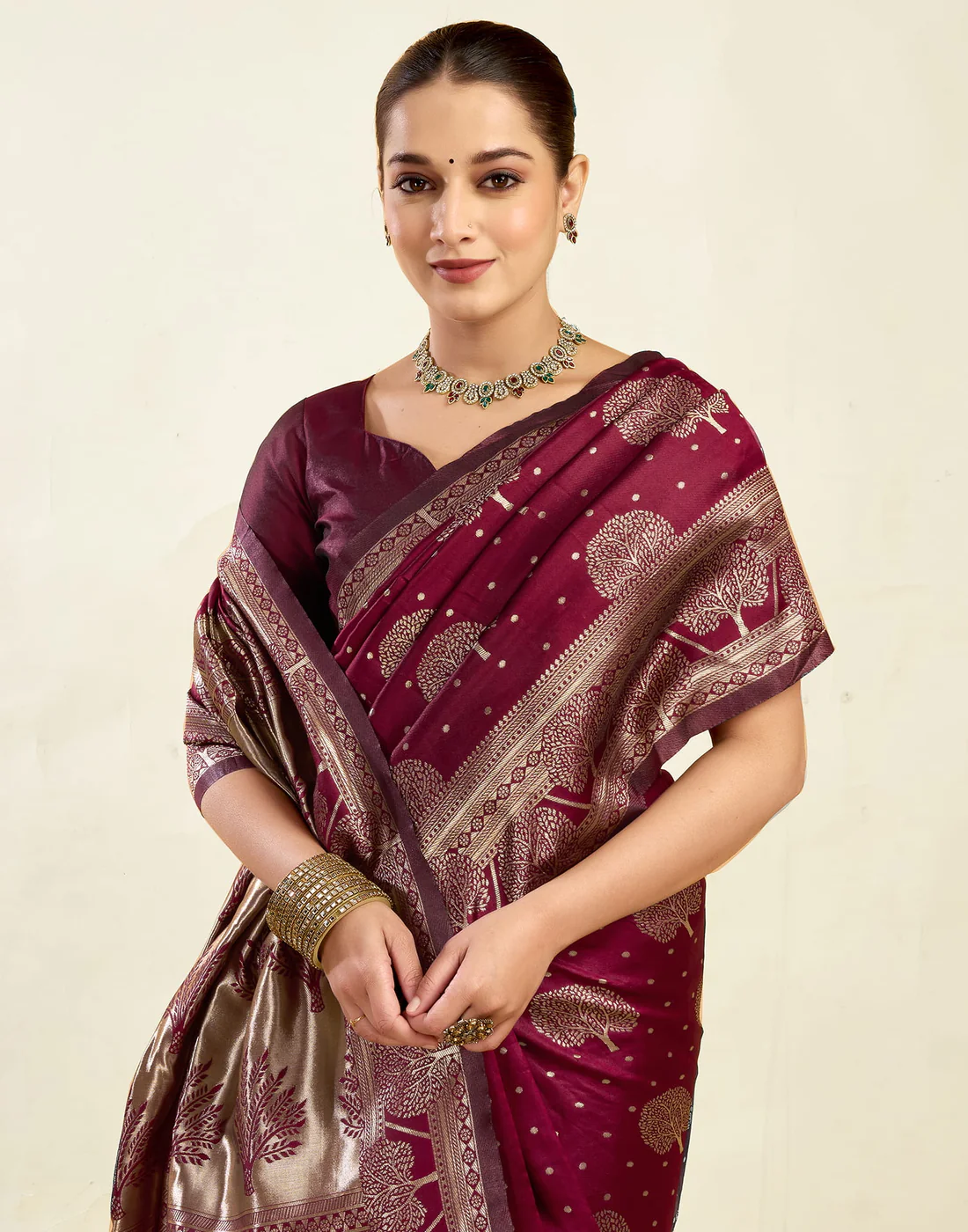 AXONIT Women's Silk Blend Banarasi Jacquard Zari Motifs Design Saree with Unstitched Blouse Piece
