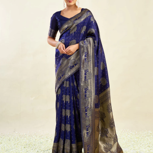 AXONIT Women's Silk Blend Banarasi Jacquard Zari Motifs Design Saree with Unstitched Blouse Piece