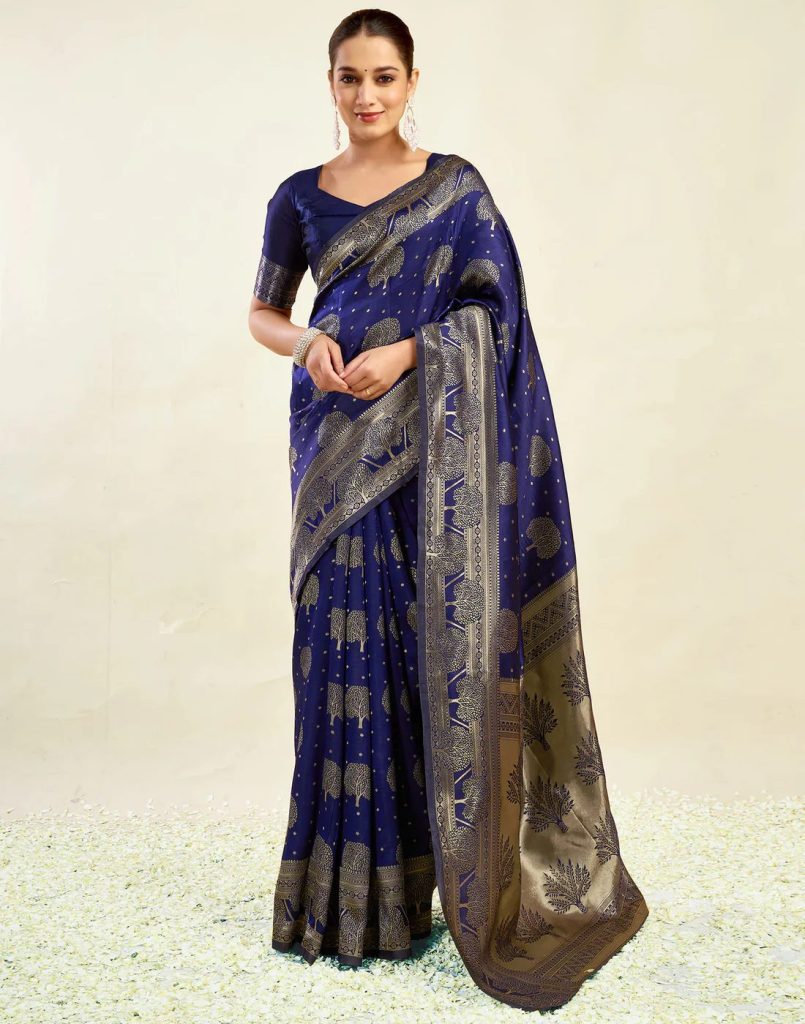 AXONIT Women's Silk Blend Banarasi Jacquard Zari Motifs Design Saree with Unstitched Blouse Piece