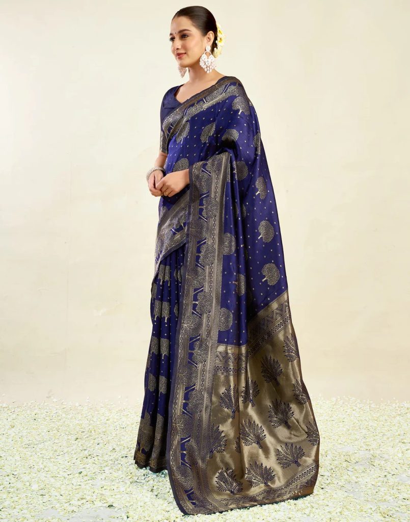 AXONIT Women's Silk Blend Banarasi Jacquard Zari Motifs Design Saree with Unstitched Blouse Piece