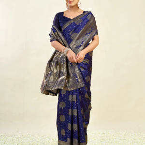 AXONIT Women's Silk Blend Banarasi Jacquard Zari Motifs Design Saree with Unstitched Blouse Piece