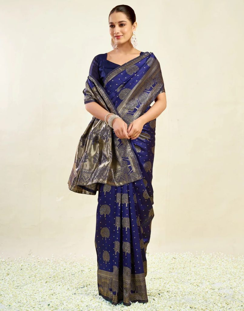AXONIT Women's Silk Blend Banarasi Jacquard Zari Motifs Design Saree with Unstitched Blouse Piece