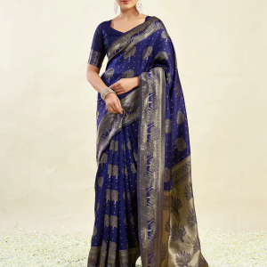 AXONIT Women's Silk Blend Banarasi Jacquard Zari Motifs Design Saree with Unstitched Blouse Piece