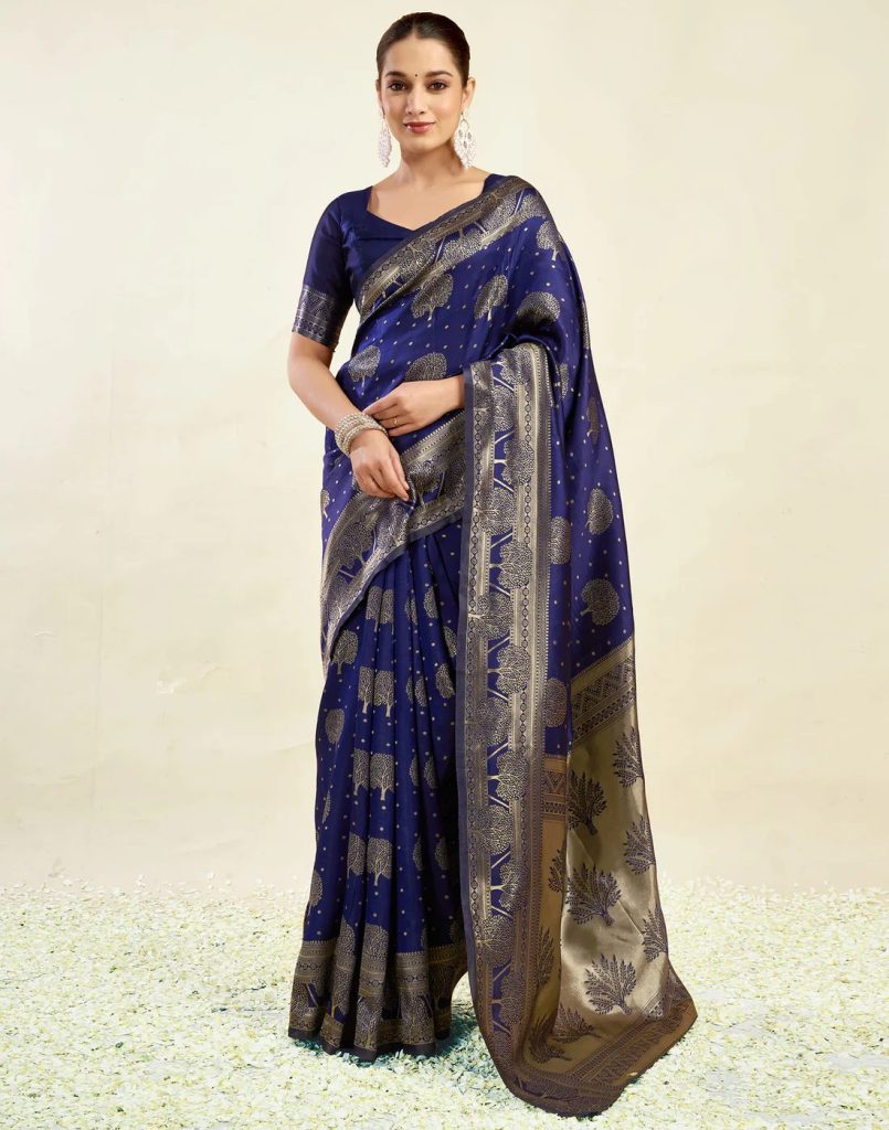 AXONIT Women's Silk Blend Banarasi Jacquard Zari Motifs Design Saree with Unstitched Blouse Piece