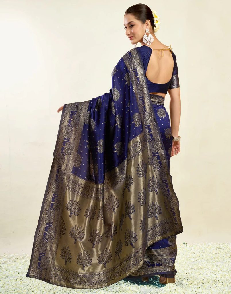 AXONIT Women's Silk Blend Banarasi Jacquard Zari Motifs Design Saree with Unstitched Blouse Piece