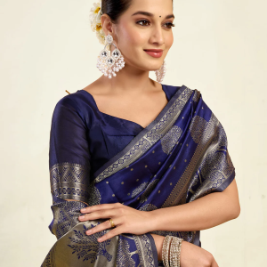 AXONIT Women's Silk Blend Banarasi Jacquard Zari Motifs Design Saree with Unstitched Blouse Piece