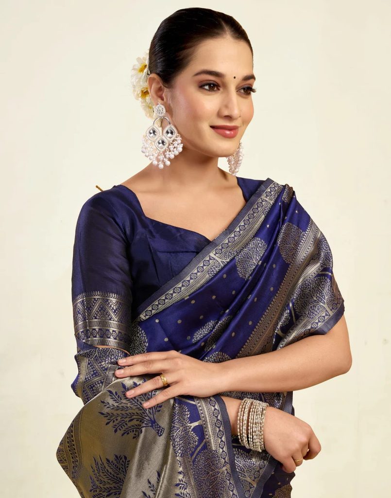 AXONIT Women's Silk Blend Banarasi Jacquard Zari Motifs Design Saree with Unstitched Blouse Piece