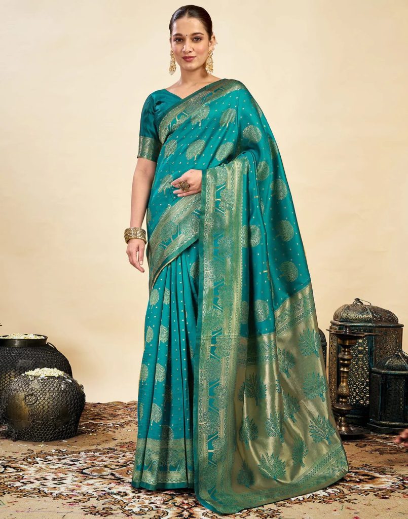 AXONIT Women's Silk Blend Banarasi Jacquard Zari Motifs Design Saree with Unstitched Blouse Piece