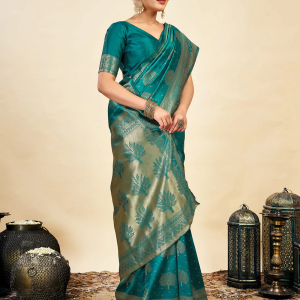 AXONIT Women's Silk Blend Banarasi Jacquard Zari Motifs Design Saree with Unstitched Blouse Piece