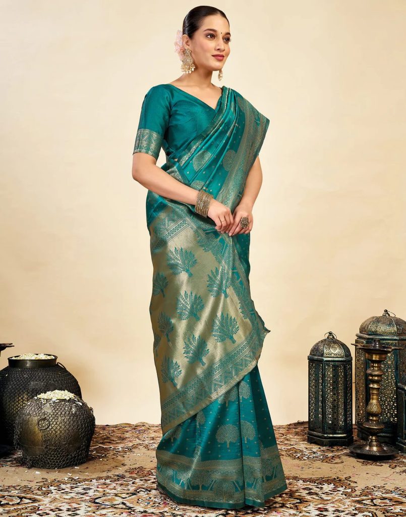 AXONIT Women's Silk Blend Banarasi Jacquard Zari Motifs Design Saree with Unstitched Blouse Piece
