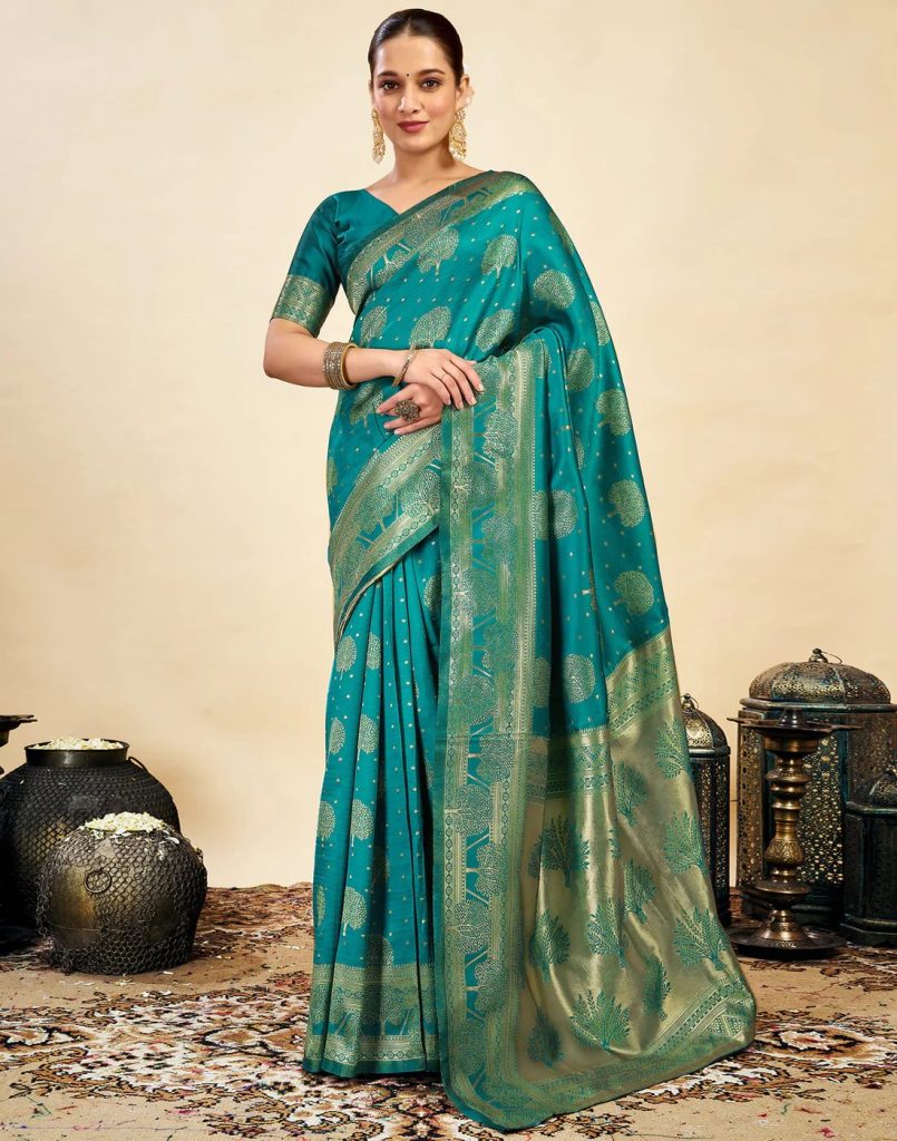 AXONIT Women's Silk Blend Banarasi Jacquard Zari Motifs Design Saree with Unstitched Blouse Piece