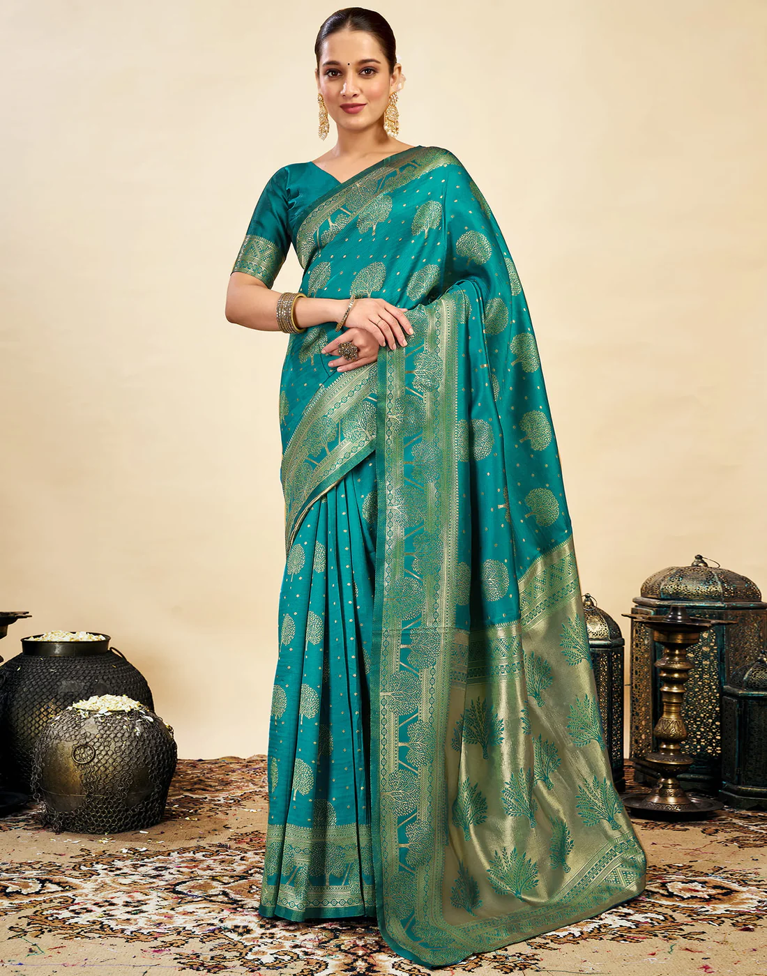 AXONIT Women's Silk Blend Banarasi Jacquard Zari Motifs Design Saree with Unstitched Blouse Piece