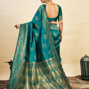 AXONIT Women's Silk Blend Banarasi Jacquard Zari Motifs Design Saree with Unstitched Blouse Piece