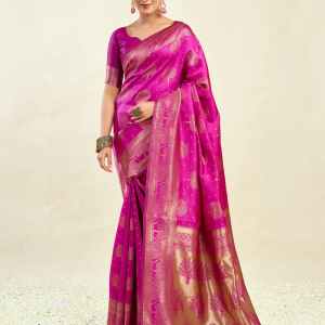 AXONIT Women's Silk Blend Banarasi Jacquard Zari Motifs Design Saree with Unstitched Blouse Piece