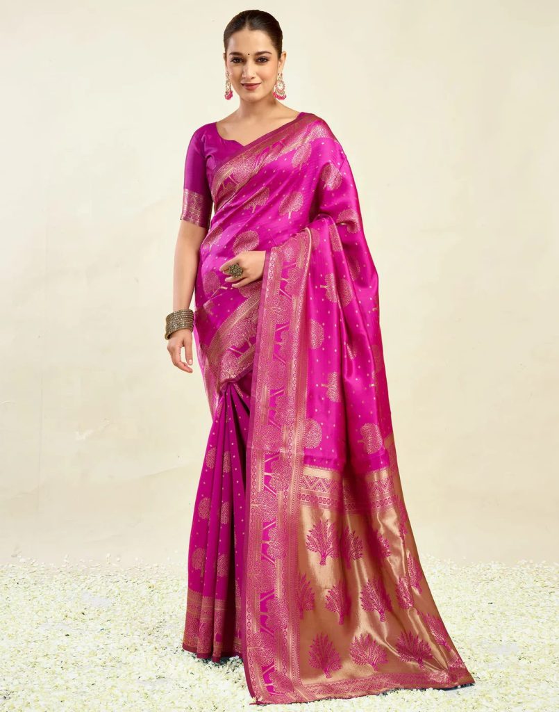 AXONIT Women's Silk Blend Banarasi Jacquard Zari Motifs Design Saree with Unstitched Blouse Piece