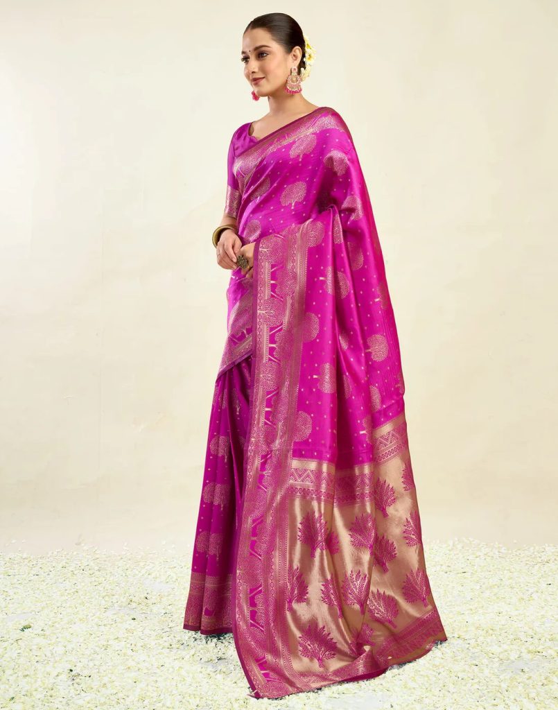 AXONIT Women's Silk Blend Banarasi Jacquard Zari Motifs Design Saree with Unstitched Blouse Piece