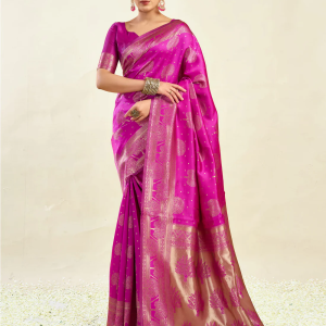AXONIT Women's Silk Blend Banarasi Jacquard Zari Motifs Design Saree with Unstitched Blouse Piece