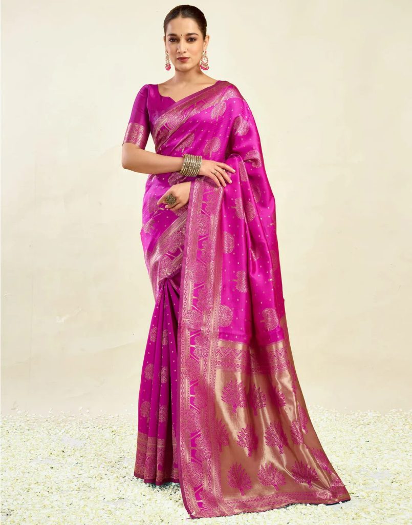 AXONIT Women's Silk Blend Banarasi Jacquard Zari Motifs Design Saree with Unstitched Blouse Piece