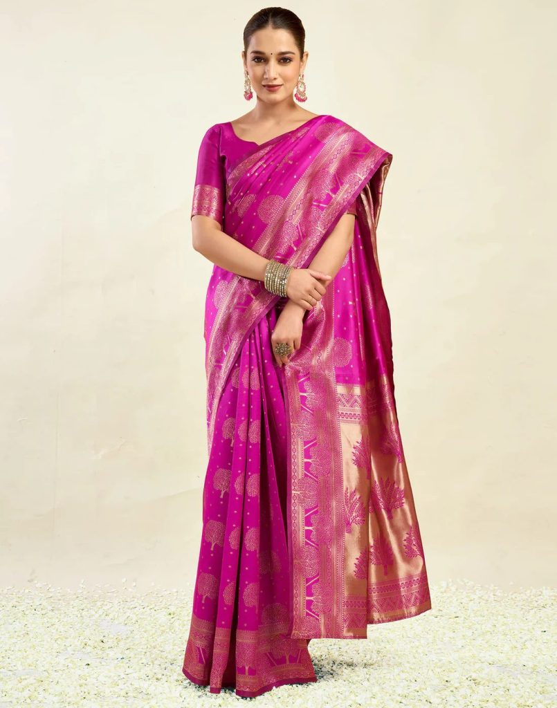 AXONIT Women's Silk Blend Banarasi Jacquard Zari Motifs Design Saree with Unstitched Blouse Piece