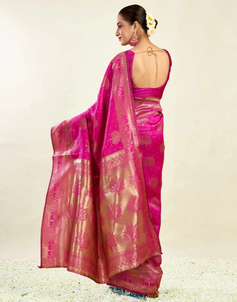 AXONIT Women's Silk Blend Banarasi Jacquard Zari Motifs Design Saree with Unstitched Blouse Piece