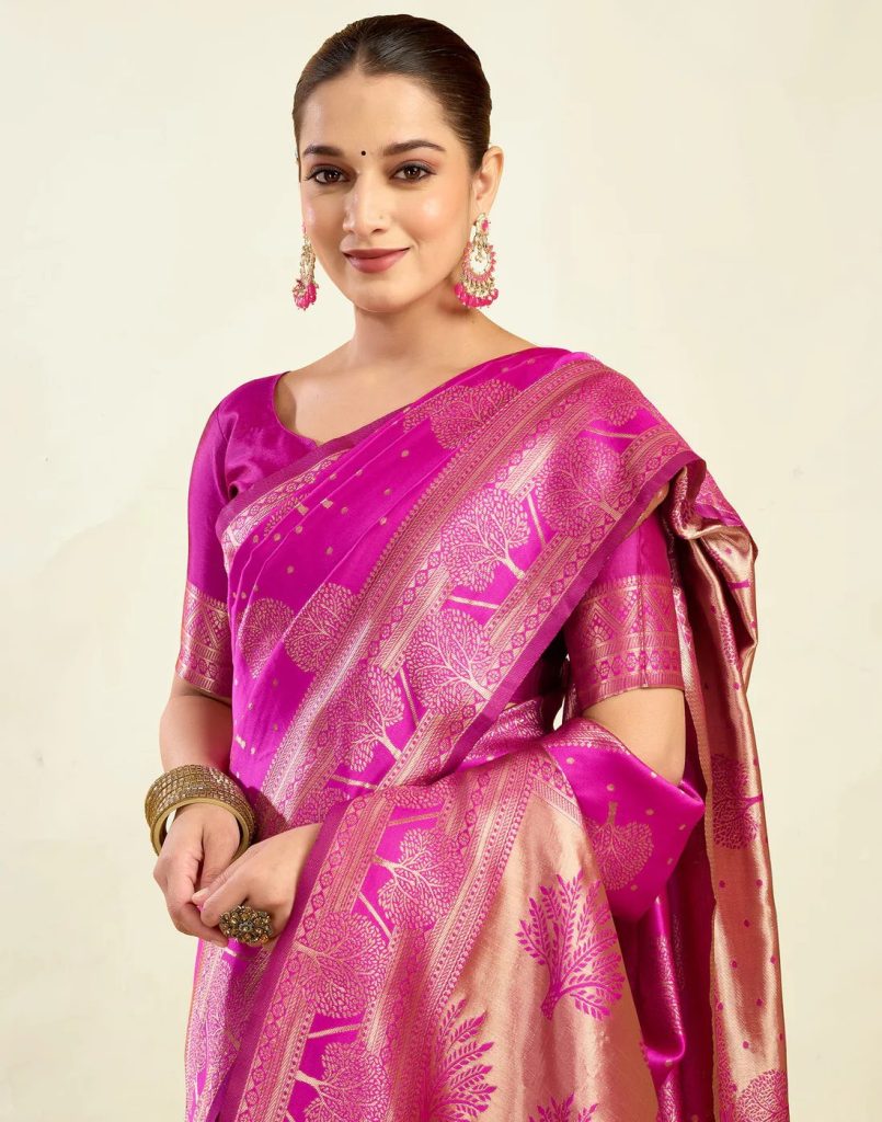 AXONIT Women's Silk Blend Banarasi Jacquard Zari Motifs Design Saree with Unstitched Blouse Piece