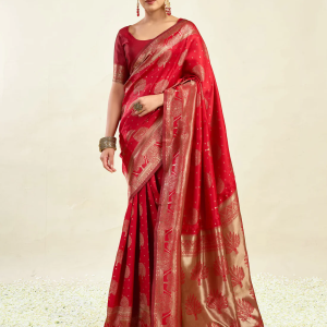 AXONIT Women's Silk Blend Banarasi Jacquard Zari Motifs Design Saree with Unstitched Blouse Piece