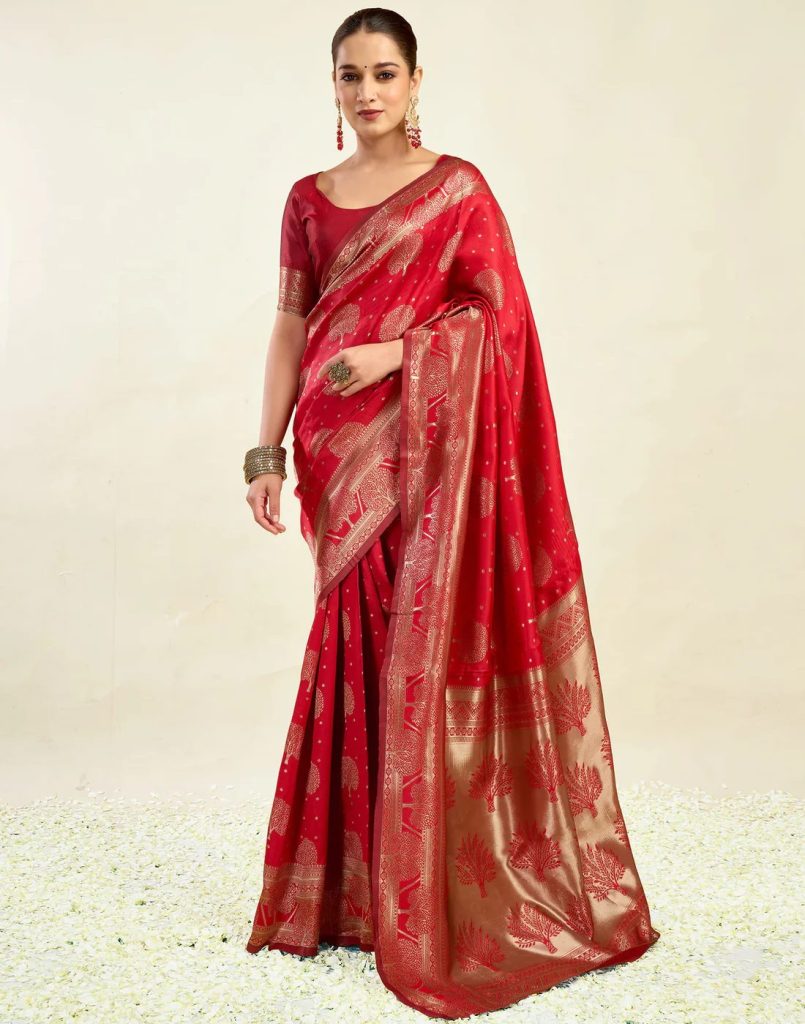 AXONIT Women's Silk Blend Banarasi Jacquard Zari Motifs Design Saree with Unstitched Blouse Piece