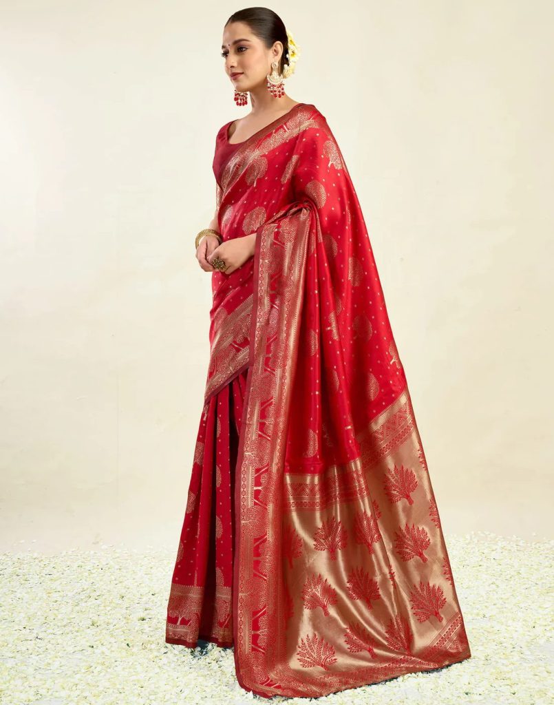 AXONIT Women's Silk Blend Banarasi Jacquard Zari Motifs Design Saree with Unstitched Blouse Piece