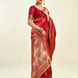 AXONIT Women's Silk Blend Banarasi Jacquard Zari Motifs Design Saree with Unstitched Blouse Piece