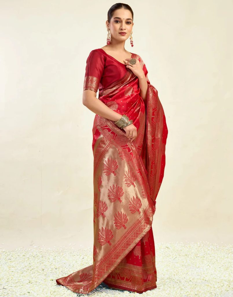 AXONIT Women's Silk Blend Banarasi Jacquard Zari Motifs Design Saree with Unstitched Blouse Piece