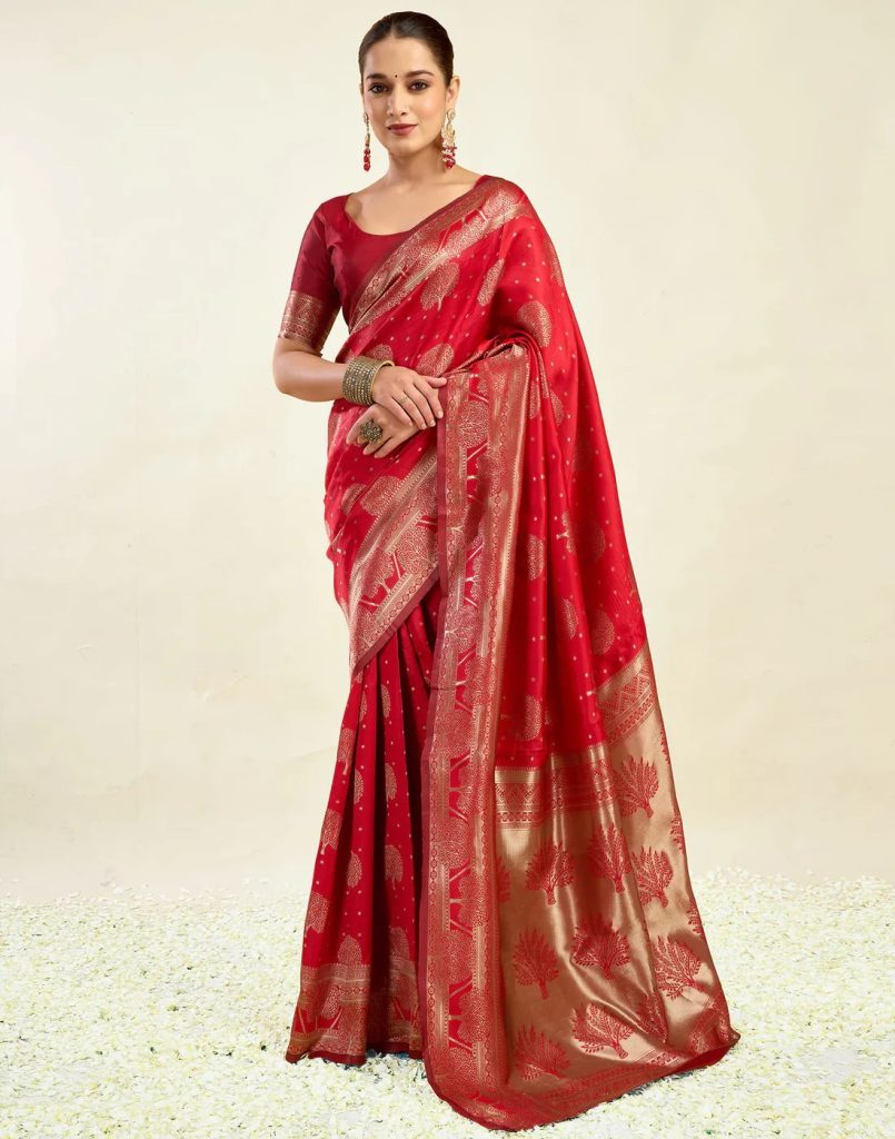 AXONIT Women's Silk Blend Banarasi Jacquard Zari Motifs Design Saree with Unstitched Blouse Piece