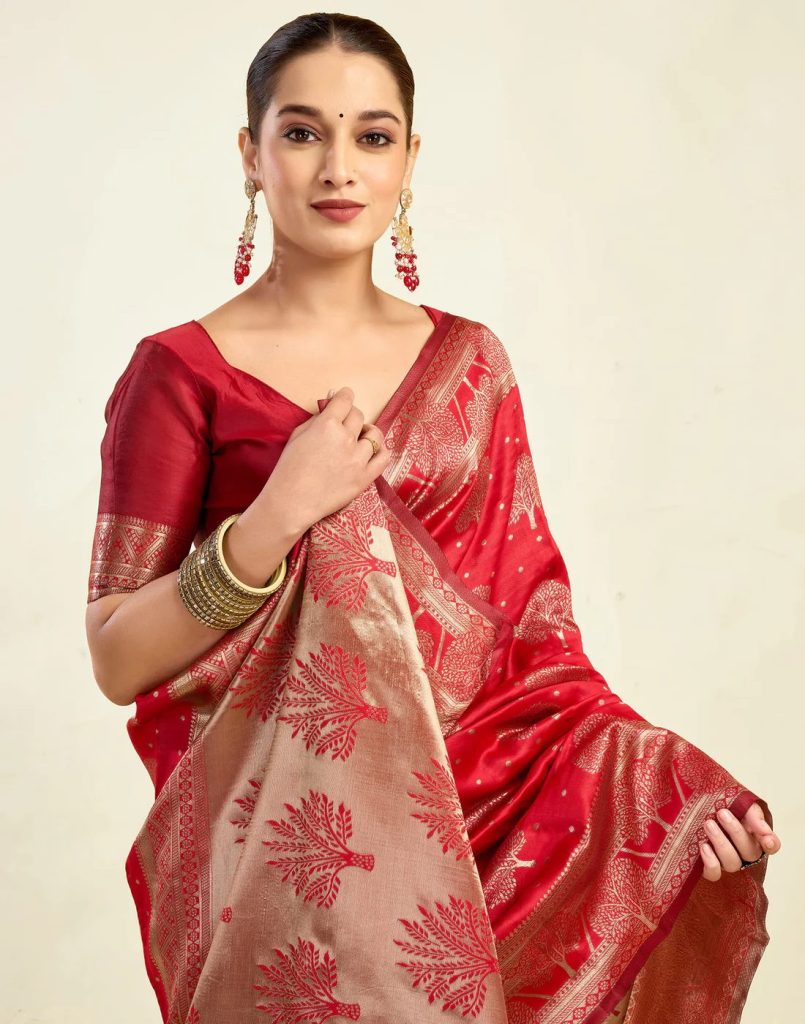 AXONIT Women's Silk Blend Banarasi Jacquard Zari Motifs Design Saree with Unstitched Blouse Piece