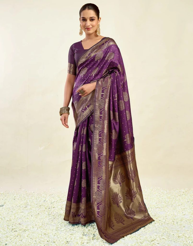 AXONIT Women's Silk Blend Banarasi Jacquard Zari Motifs Design Saree with Unstitched Blouse Piece