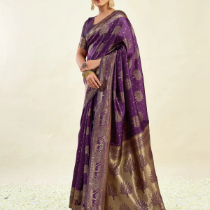 AXONIT Women's Silk Blend Banarasi Jacquard Zari Motifs Design Saree with Unstitched Blouse Piece