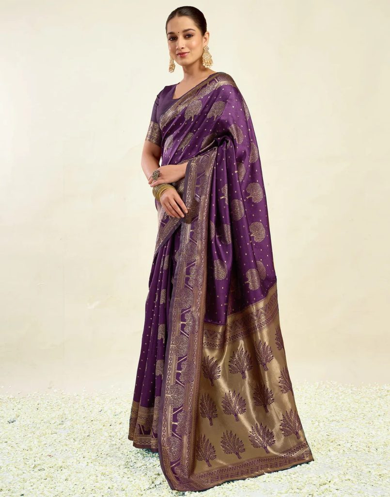 AXONIT Women's Silk Blend Banarasi Jacquard Zari Motifs Design Saree with Unstitched Blouse Piece