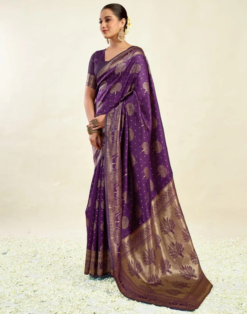 AXONIT Women's Silk Blend Banarasi Jacquard Zari Motifs Design Saree with Unstitched Blouse Piece