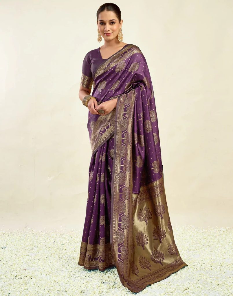AXONIT Women's Silk Blend Banarasi Jacquard Zari Motifs Design Saree with Unstitched Blouse Piece