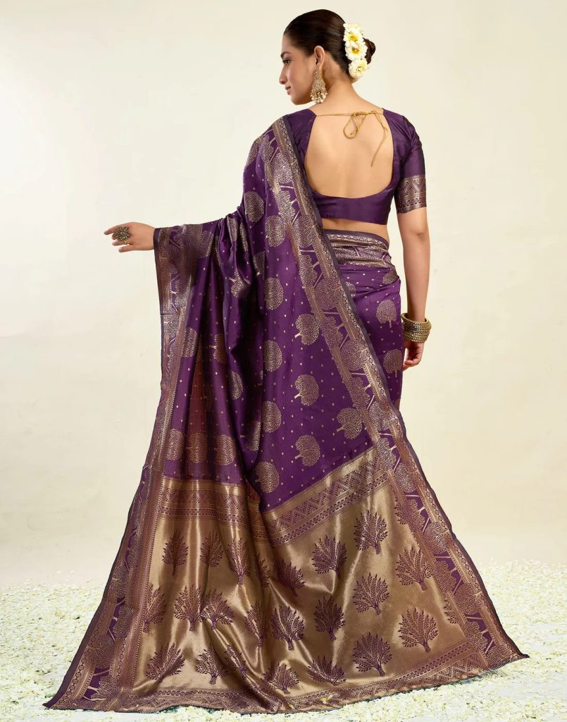 AXONIT Women's Silk Blend Banarasi Jacquard Zari Motifs Design Saree with Unstitched Blouse Piece