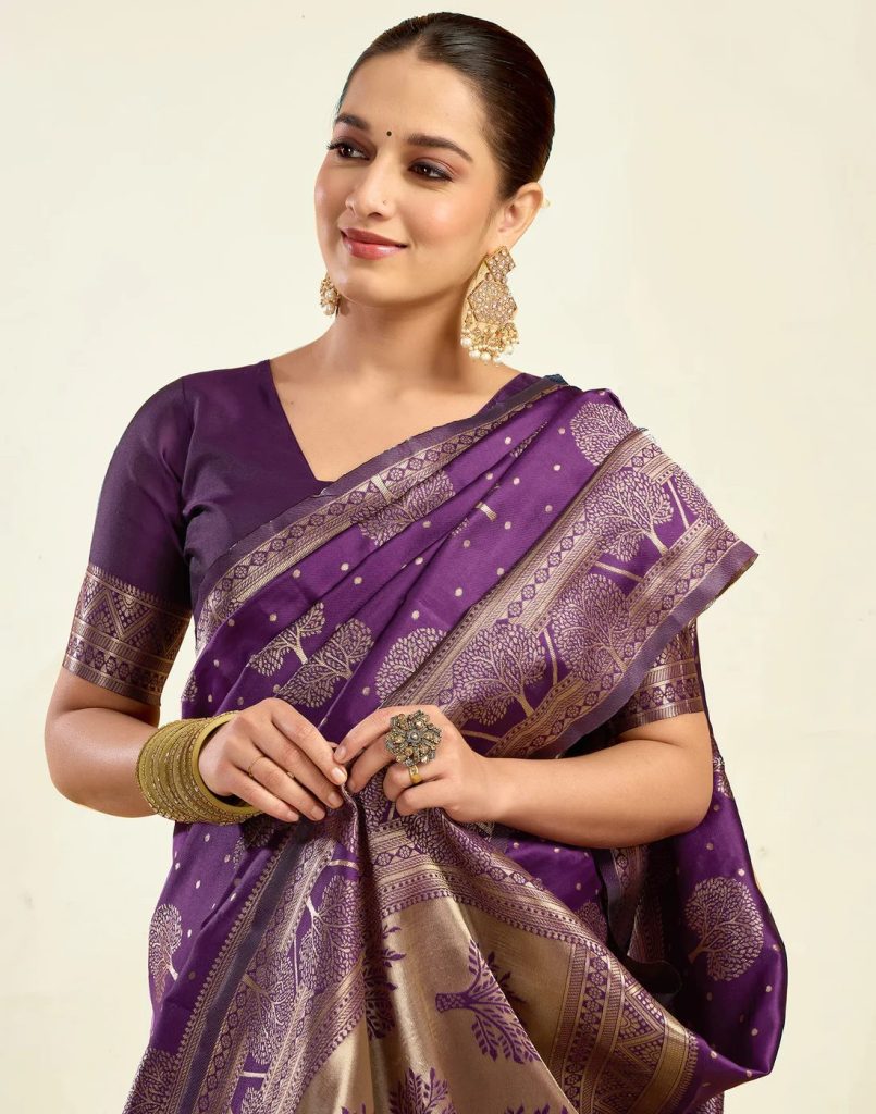 AXONIT Women's Silk Blend Banarasi Jacquard Zari Motifs Design Saree with Unstitched Blouse Piece