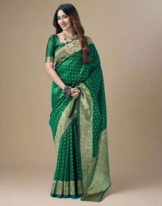 AXONIT Women's Silk Blend Banarasi Jacquard Traditional Motifs Design Saree with Unstitched Blouse Piece