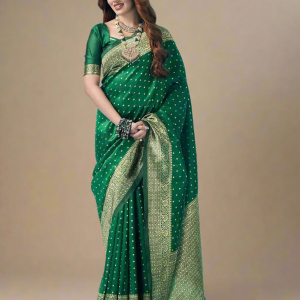 AXONIT Women's Silk Blend Banarasi Jacquard Traditional Motifs Design Saree with Unstitched Blouse Piece