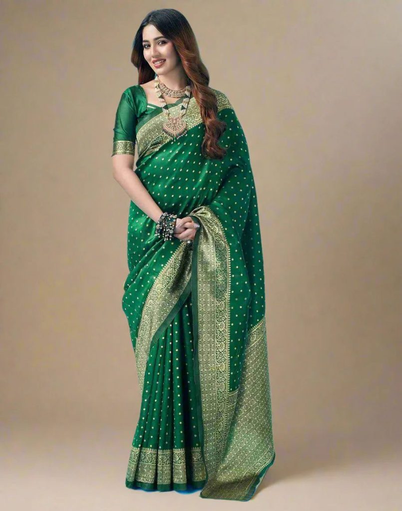 AXONIT Women's Silk Blend Banarasi Jacquard Traditional Motifs Design Saree with Unstitched Blouse Piece