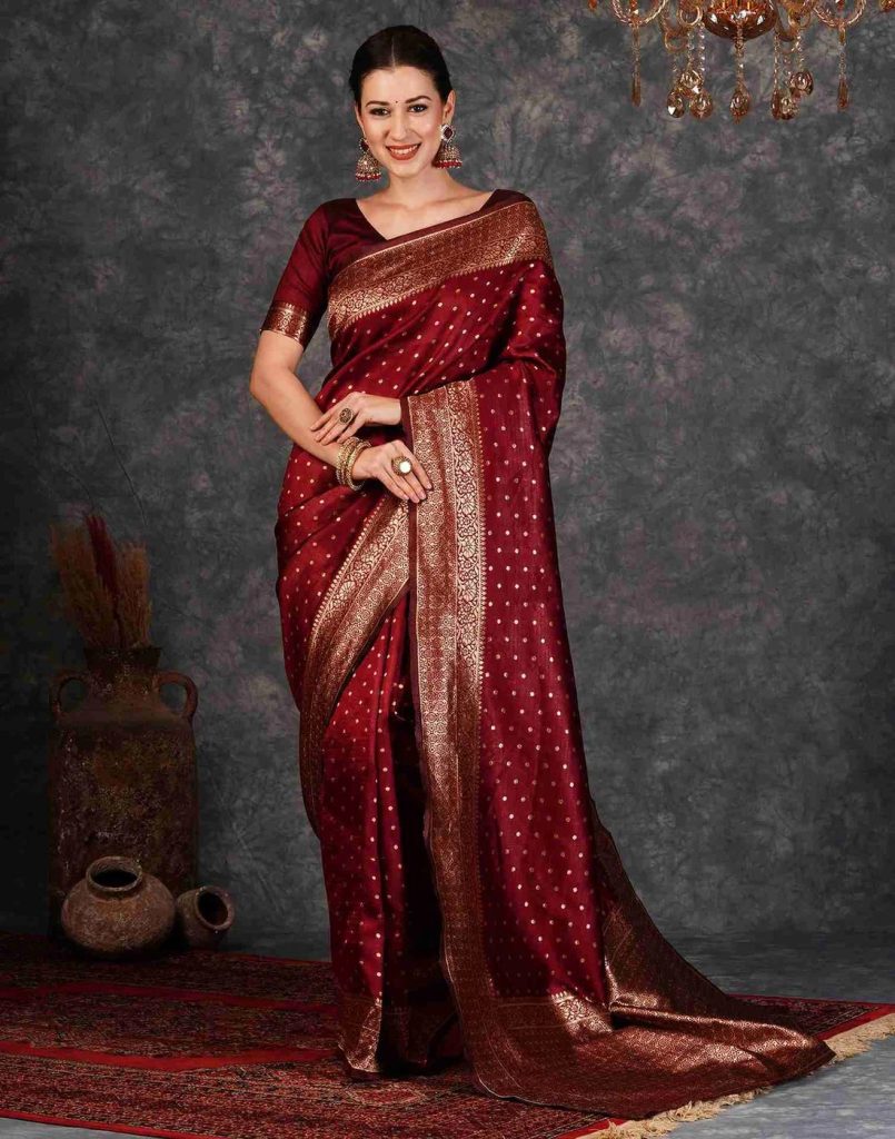 AXONIT Women's Silk Blend Banarasi Jacquard Traditional Motifs Design Saree with Unstitched Blouse Piece