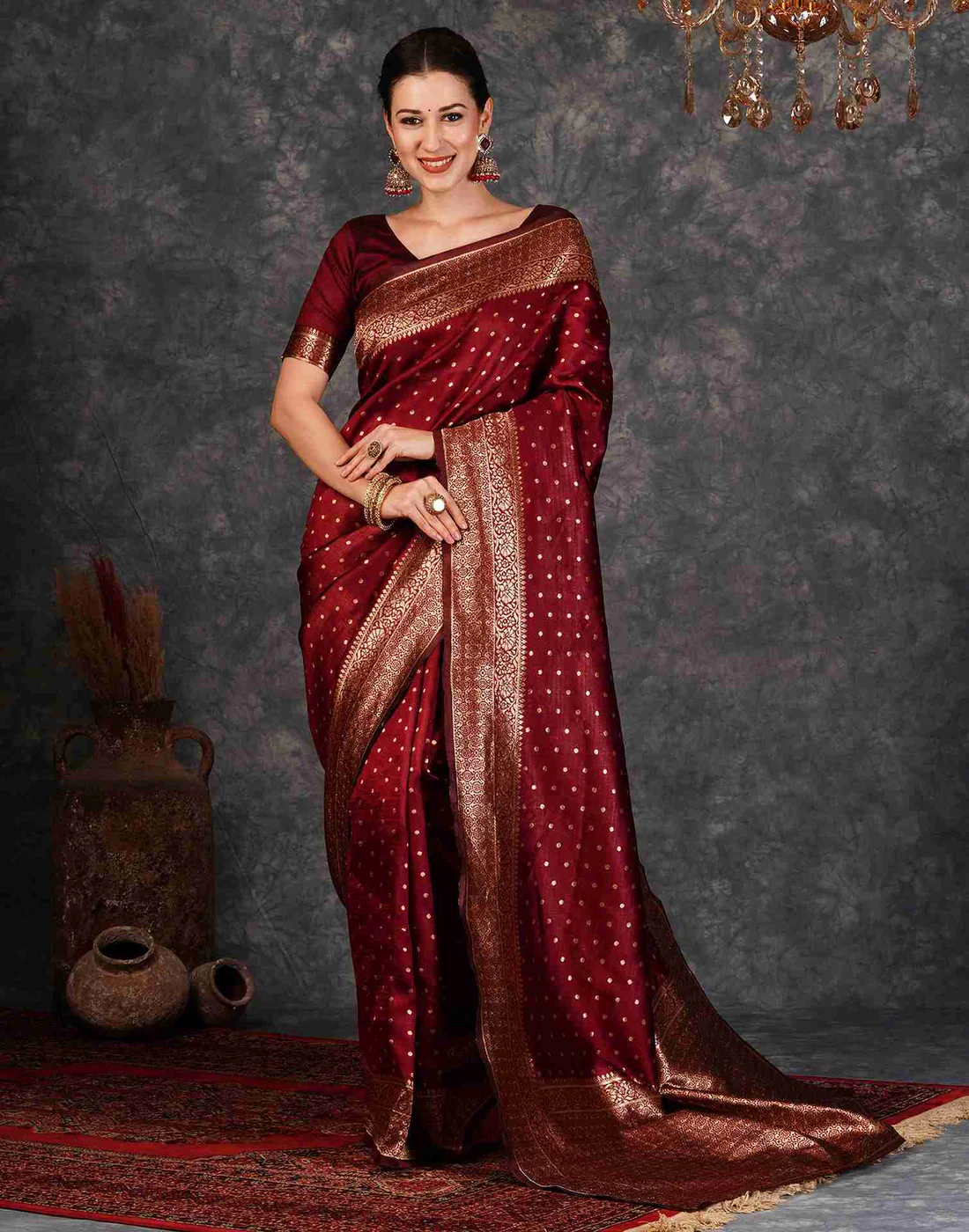 AXONIT Women's Silk Blend Banarasi Jacquard Traditional Motifs Design Saree with Unstitched Blouse Piece