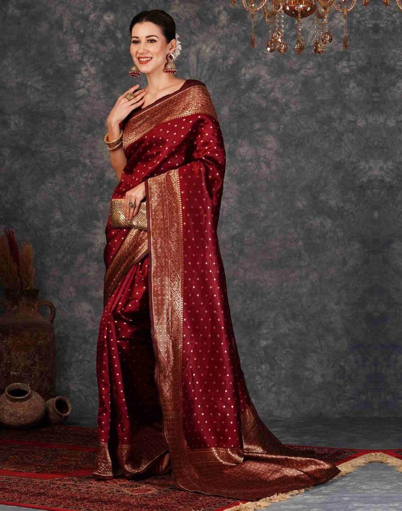 AXONIT Women's Silk Blend Banarasi Jacquard Traditional Motifs Design Saree with Unstitched Blouse Piece