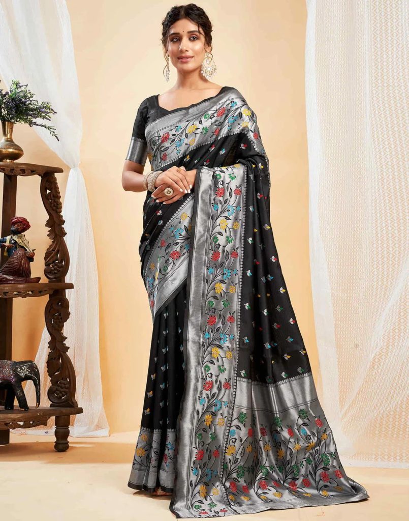 AXONIT Women's Silk Blend Banarasi Jacquard Multicolor Floral