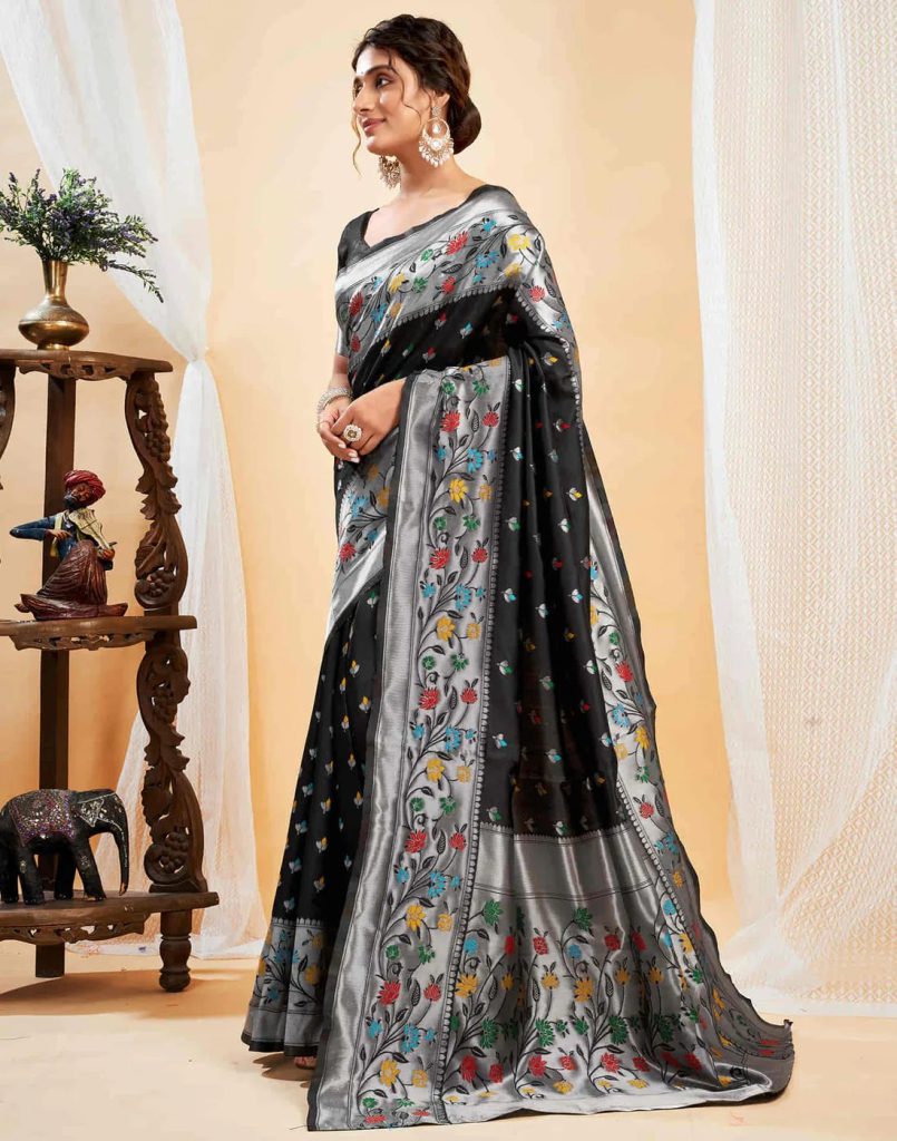 AXONIT Women's Silk Blend Banarasi Jacquard Multicolor Floral
