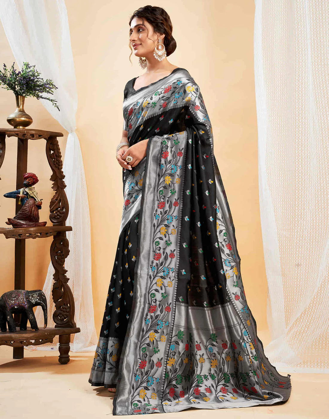 AXONIT Women's Silk Blend Banarasi Jacquard Multicolor Floral